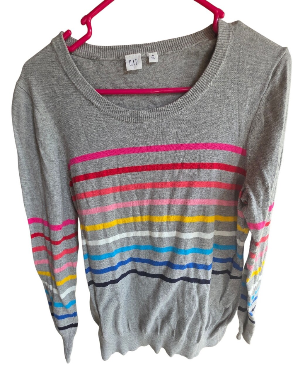 GAP Women's Gray Crewneck Sweater with Multi-Color Stripes